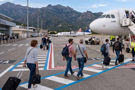 Passagers marchant sur le tarmac avec leurs bagages vers un avion en Corse