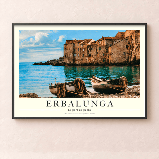 Affiche vintage d'Erbalunga montrant le port de pêche, les barques traditionnelles et la tour génoise, collection Tempi Fà