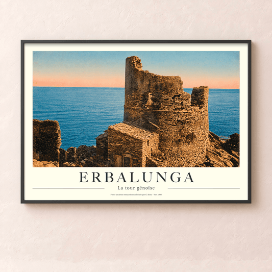 Affiche vintage d'Erbalunga avec la tour génoise face aux eaux turquoise de la mer, collection Tempi Fà