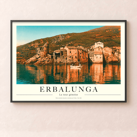 Affiche vintage d'Erbalunga avec la tour génoise sur son rocher et les demeures historiques, collection Tempi Fà