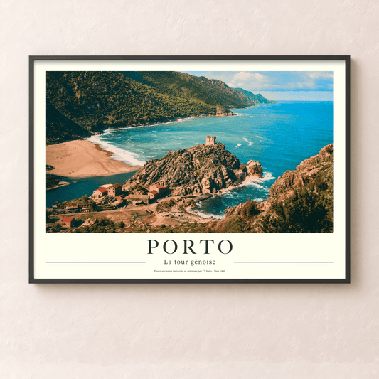 Affiche vintage du golfe de Porto avec sa tour génoise carrée sur les rochers de porphyre rouge, collection Tempi Fà