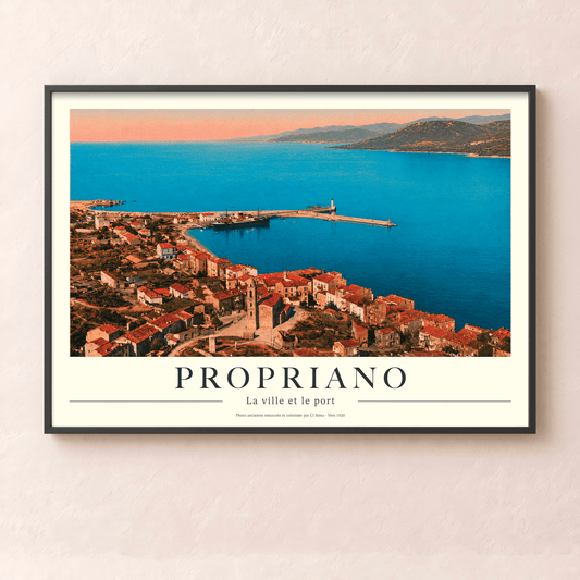 Affiche rétro de Propriano surplombant les eaux calmes du golfe du Valinco et le clocher du village, collection Tempi Fà