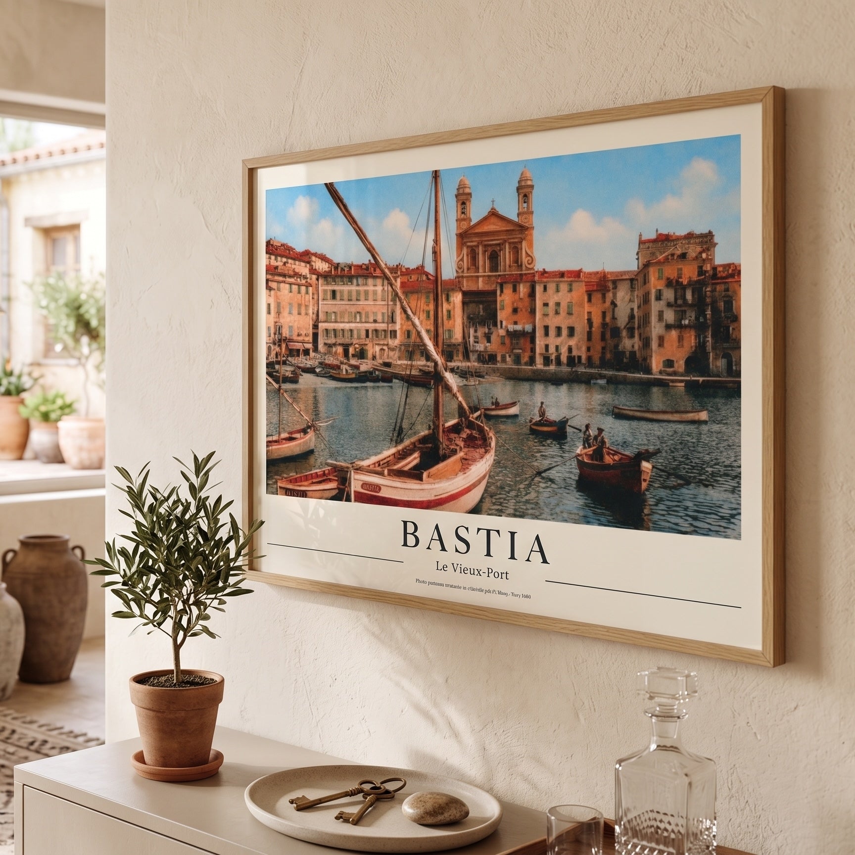 Affiche ancienne de Bastia au format horizontal fixée au mur au-dessus d'un meuble bas contemporain