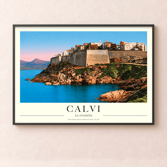 Affiche vintage de la citadelle de Calvi et de la mer Méditerranée, collection Tempi Fà