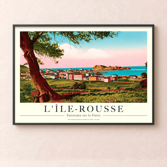 Affiche vintage de L'Île-Rousse avec vue panoramique sur les îles de la Pietra à travers un olivier, collection Tempi Fà