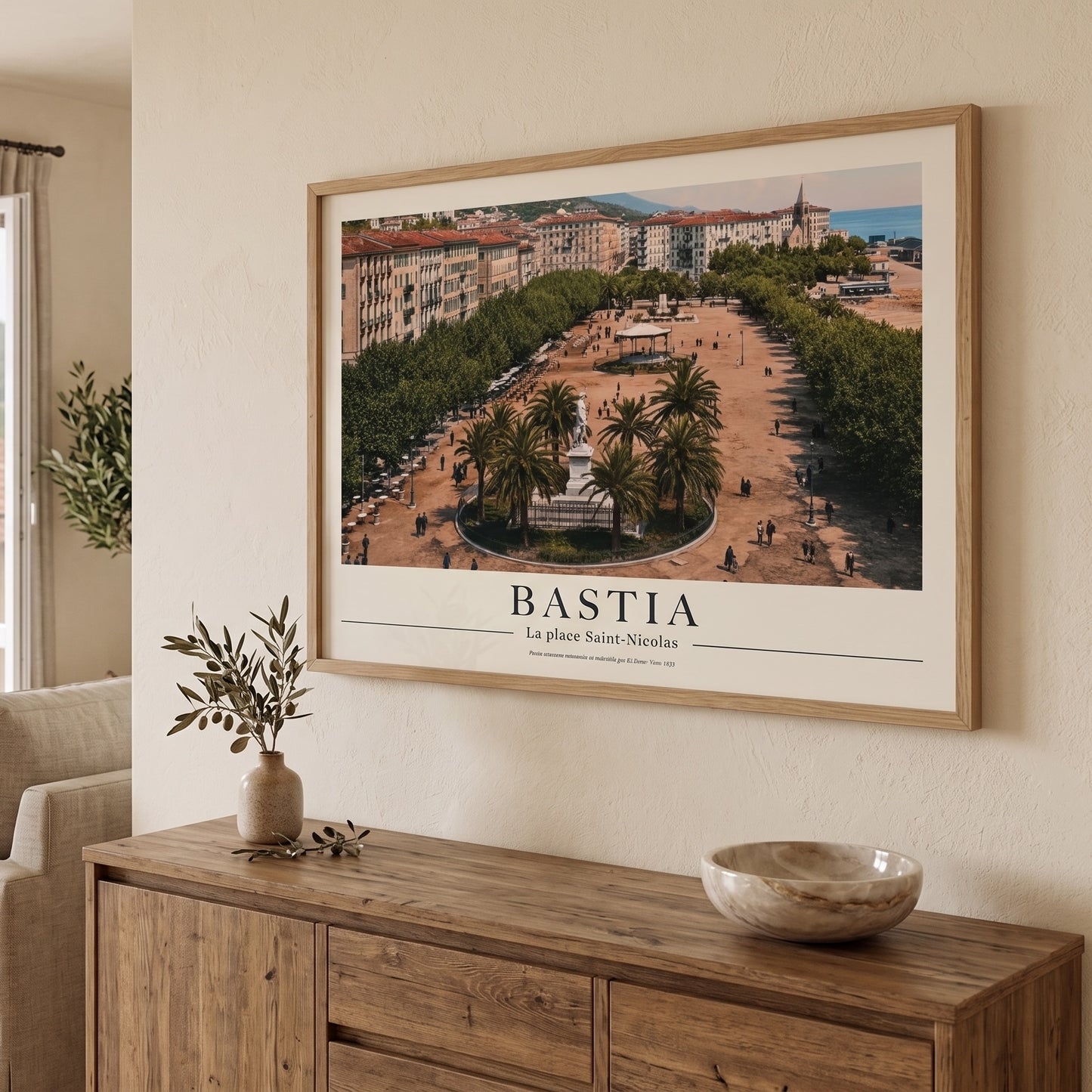 Grand poster d'art vintage de Bastia installé au mur