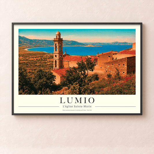 Affiche vintage de Lumio montrant le village perché, l'église Sainte-Marie et le golfe de Calvi, collection Tempi Fà