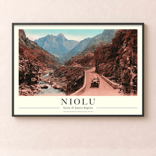 Affiche vintage du Niolu montrant les gorges de la Scala di Santa Regina et la route de montagne, collection Tempi Fà