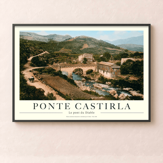 Affiche vintage de Ponte Castirla avec le pont du Diable en pierre enjambant le Golo, collection Tempi Fà