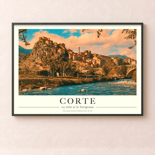 Affiche vintage de Corte montrant le vieux pont de pierre, la rivière du Tavignano et la citadelle, collection Tempi Fà