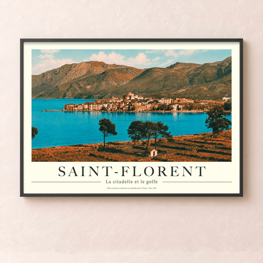 Affiche vintage de Saint-Florent montrant la citadelle génoise, les reflets turquoise du golfe et les montagnes du Nebbiu, collection Tempi Fà