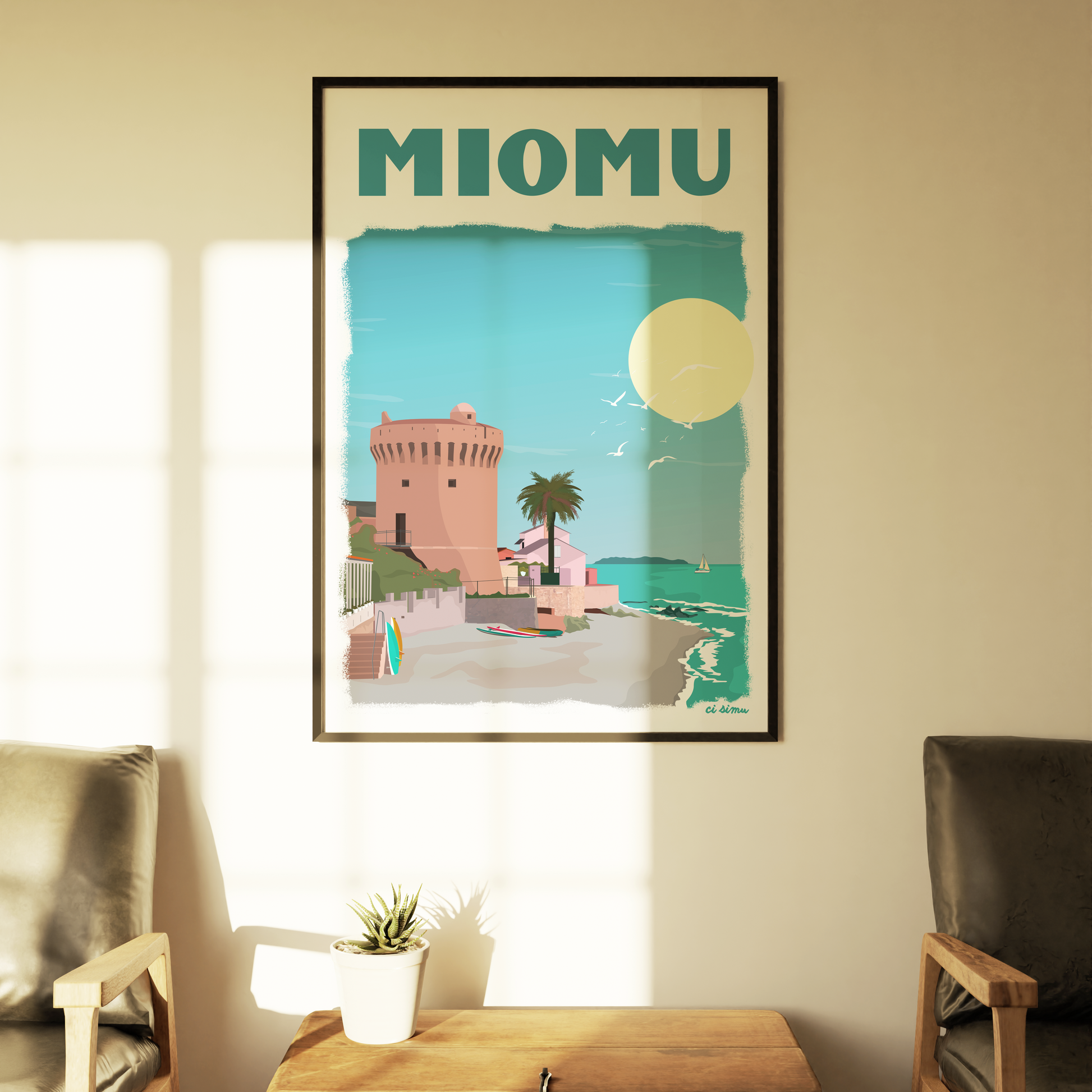ci simu beau poster de Miomo dans le cap corse style vintage 