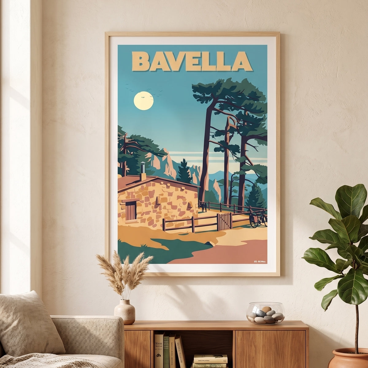 affiche de Bavella au style vintage encadrée dans un salon