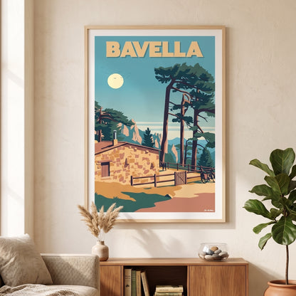affiche de Bavella au style vintage encadrée dans un salon