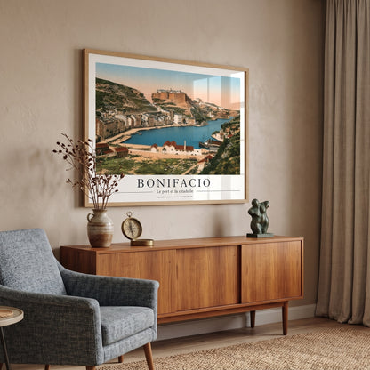 Affiche ancienne de Bonifacio au format horizontal fixée au mur au-dessus d'un meuble bas dans un salon contemporain