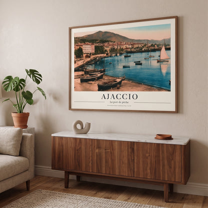 Affiche ancienne d'Ajaccio au format horizontal fixée au mur au-dessus d'un meuble bas dans un salon contemporain