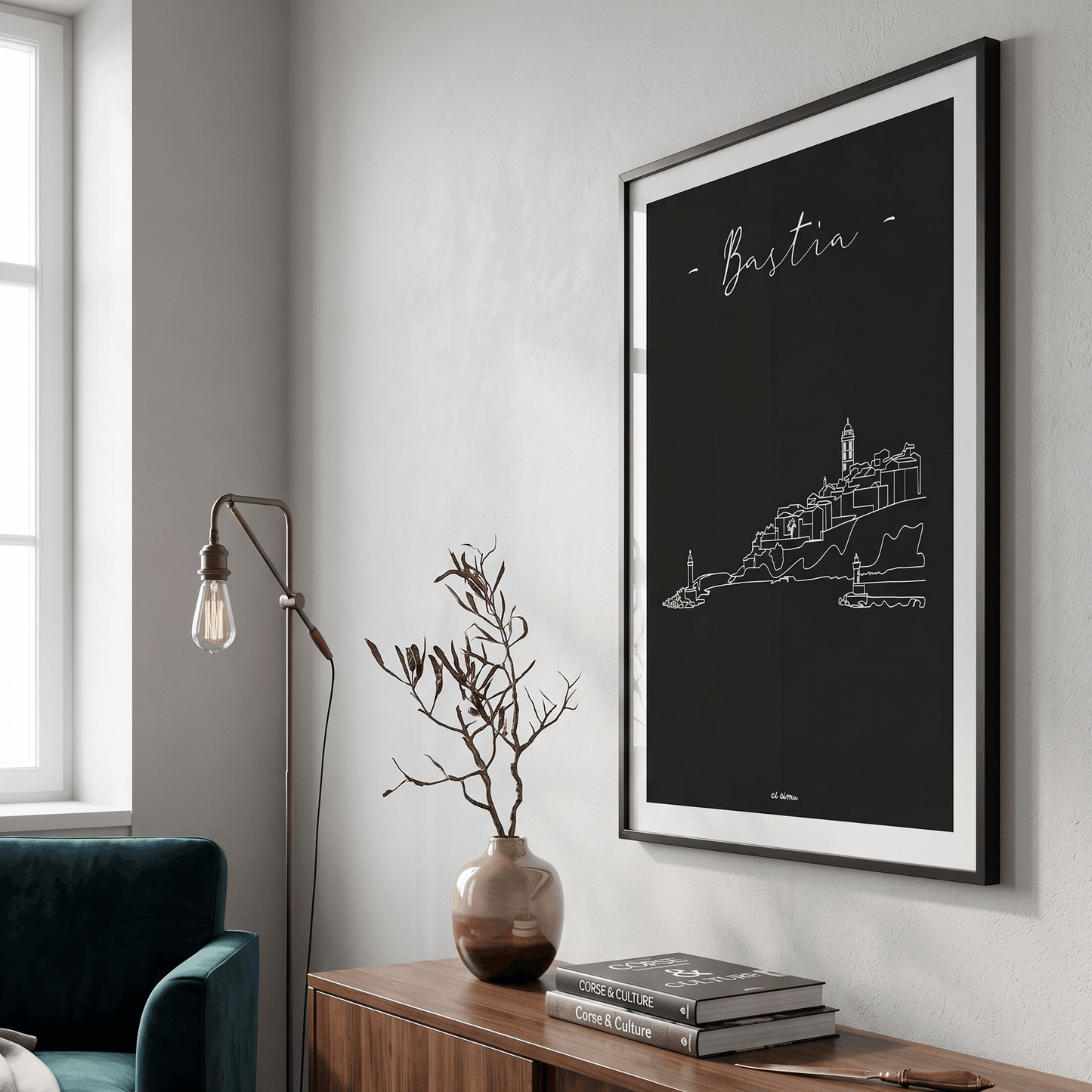 Affiche moderne de Bastia en noir et blanc 