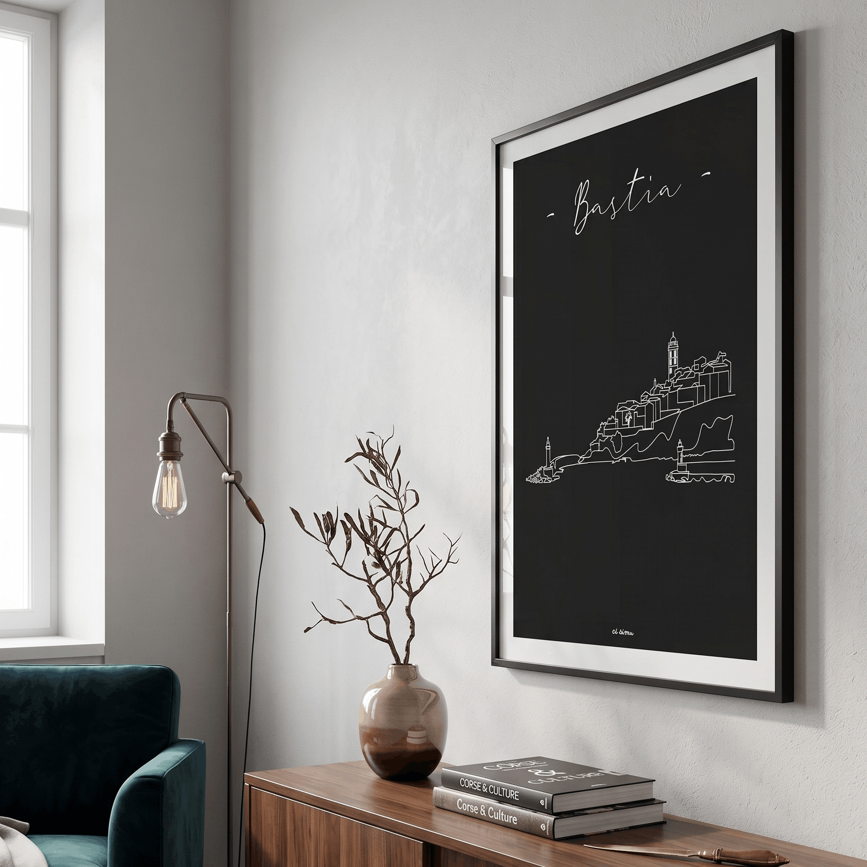 Affiche moderne de Bastia en noir et blanc 