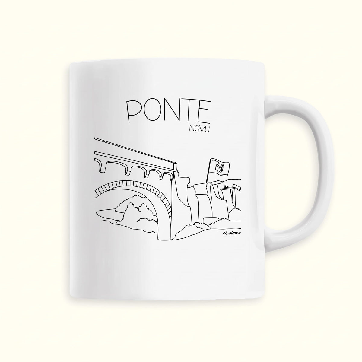 Mug pour boire son café ou thé représentant le pont en Corse de Ponte Novu avec la bandera